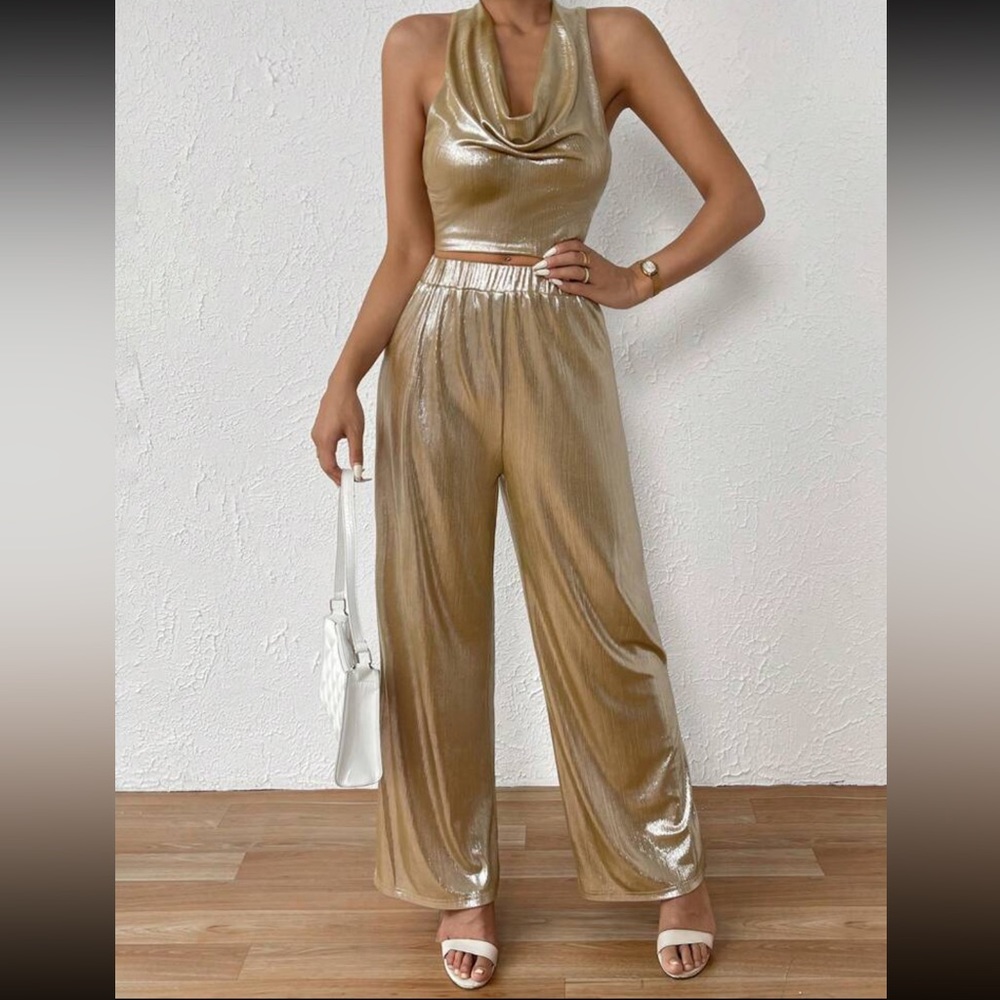 Shein bae draped front backless halter with wide leg pant